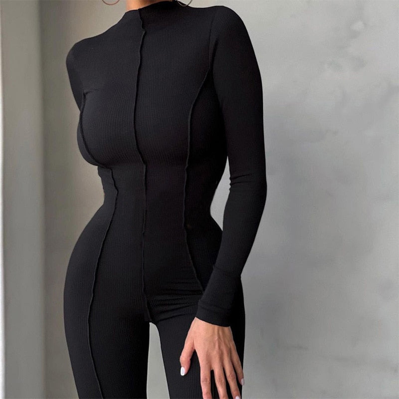 Women's Fall Bright Line Decoration Black One Piece Long Sleeve or Sleeveless Sexy Jumpsuit