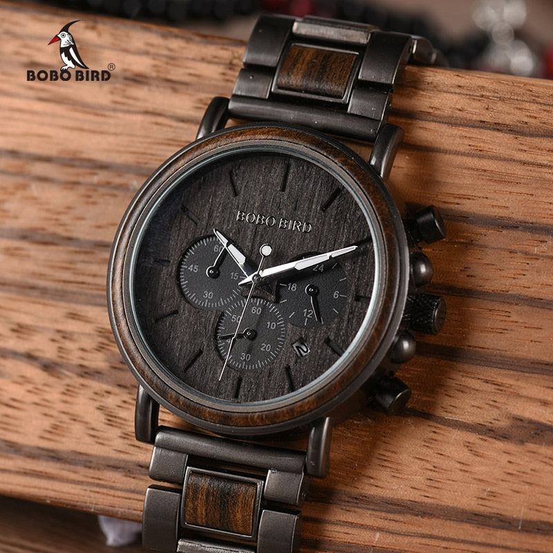 BOBO BIRD Wood Men's Stylish Chronograph Military Watches Timepieces in Wooden Gift Box