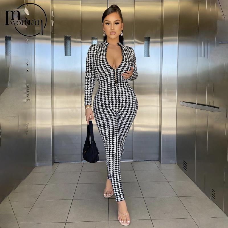 Women's Autumn/Winter Skinny One Piece Print Zippered Long Sleeve Bodycon Jumpsuit