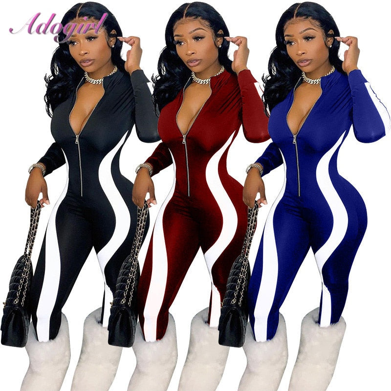 Women's Casual Stripe Patchwork Long Sleeve Zipper V Neck One Piece Workout Sportswear