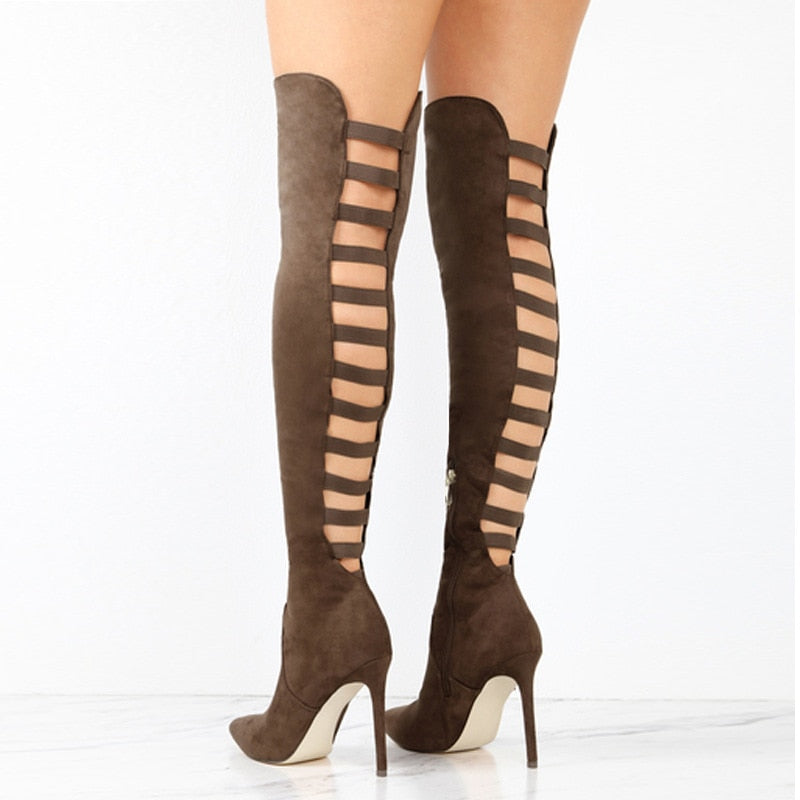 Women's Sexy Black Hollow Out Over The Knee Pointed Toe Thin Heel Boots