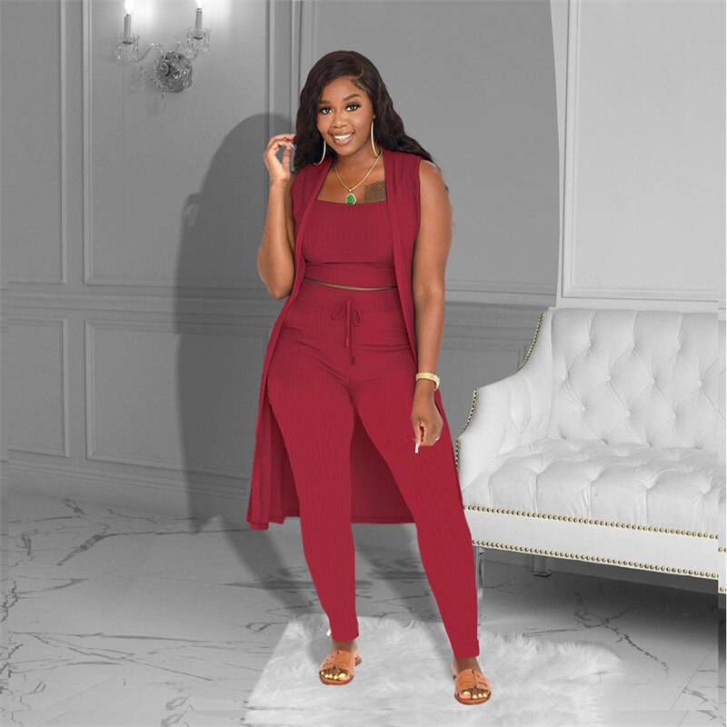 Knitted Rib Strapless Crop Top High Waist Skinny Pants Sleeveless Tank Cardigan 3 Piece Set