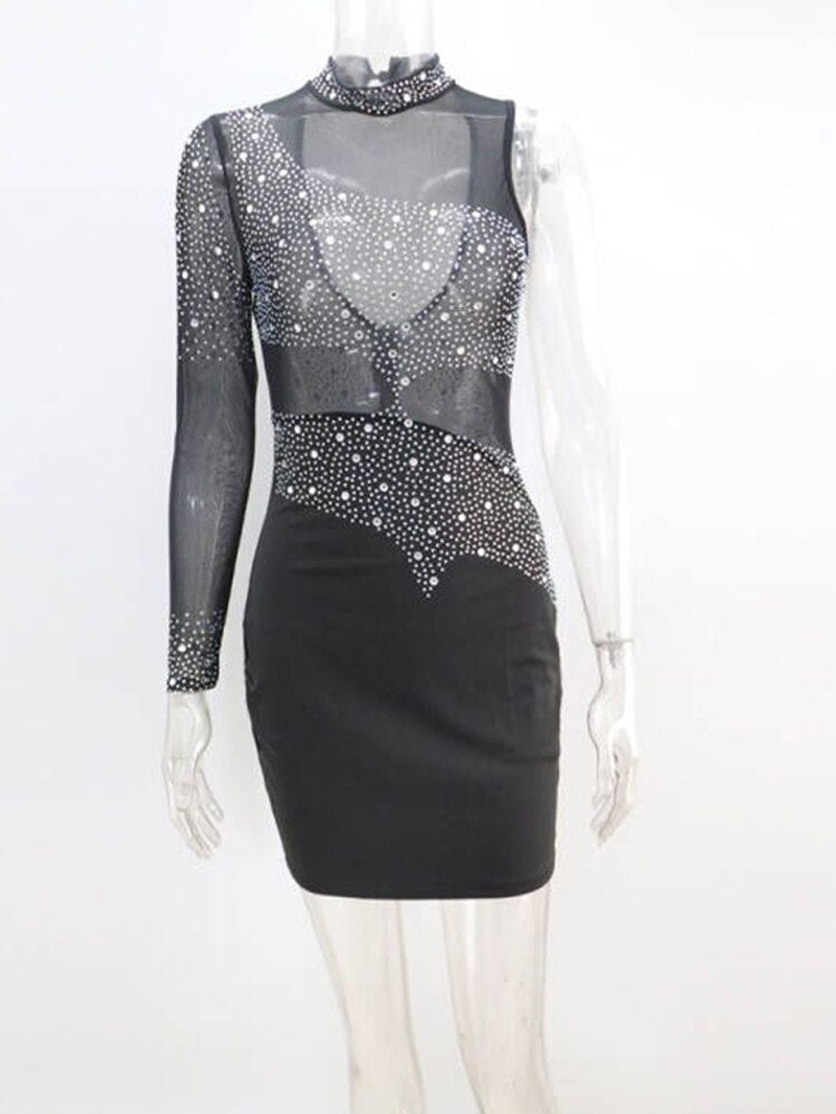 Beyprern New Chic Sheer Mesh Patchwork Crystal Sexy Dresses Party Night Club Dress Womens One Sleeve Sequins Birthday Outfits