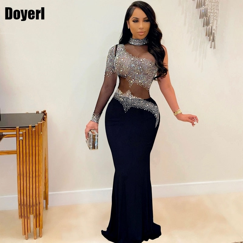 Sheer Mesh Rhinestone Maxi Bodycon Dress Long Sleeve See Through Wedding Evening Dresses Elegant Party Birthday Dress for Women