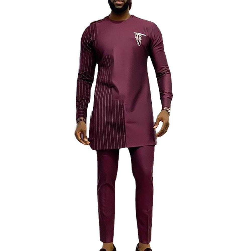 Dashiki T-shirt Men's Summer and Autumn Round Neck Striped Print Long-sleeved African Ethnic Style Men's Suit M-4XL