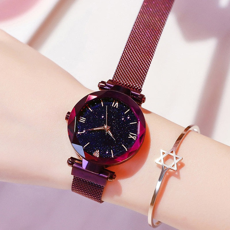 Reloj Mujer Luxury Starry Sky Women's Fashion Dress Watch Magnetic Mesh Belt Band