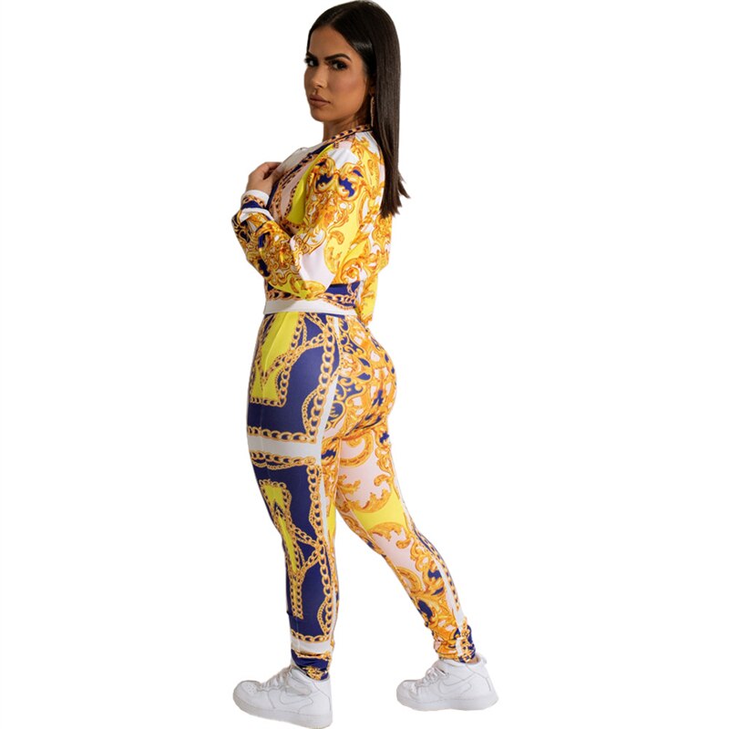 Adogirl Women's Chain Print Two Piece Set Long Sleeve Zipper Short Jacket Top Pencil Pants Suit