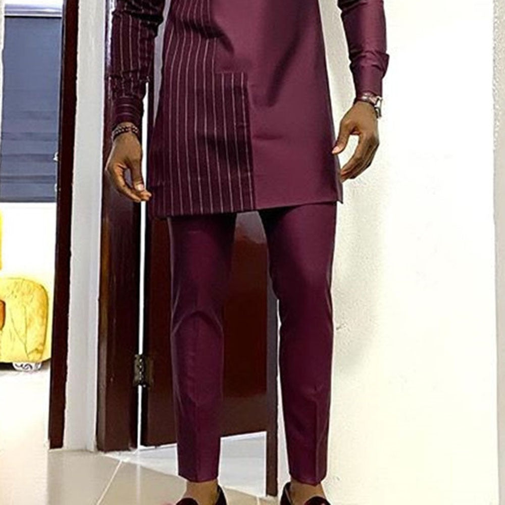Dashiki T-shirt Men's Summer and Autumn Round Neck Striped Print Long-sleeved African Ethnic Style Men's Suit M-4XL