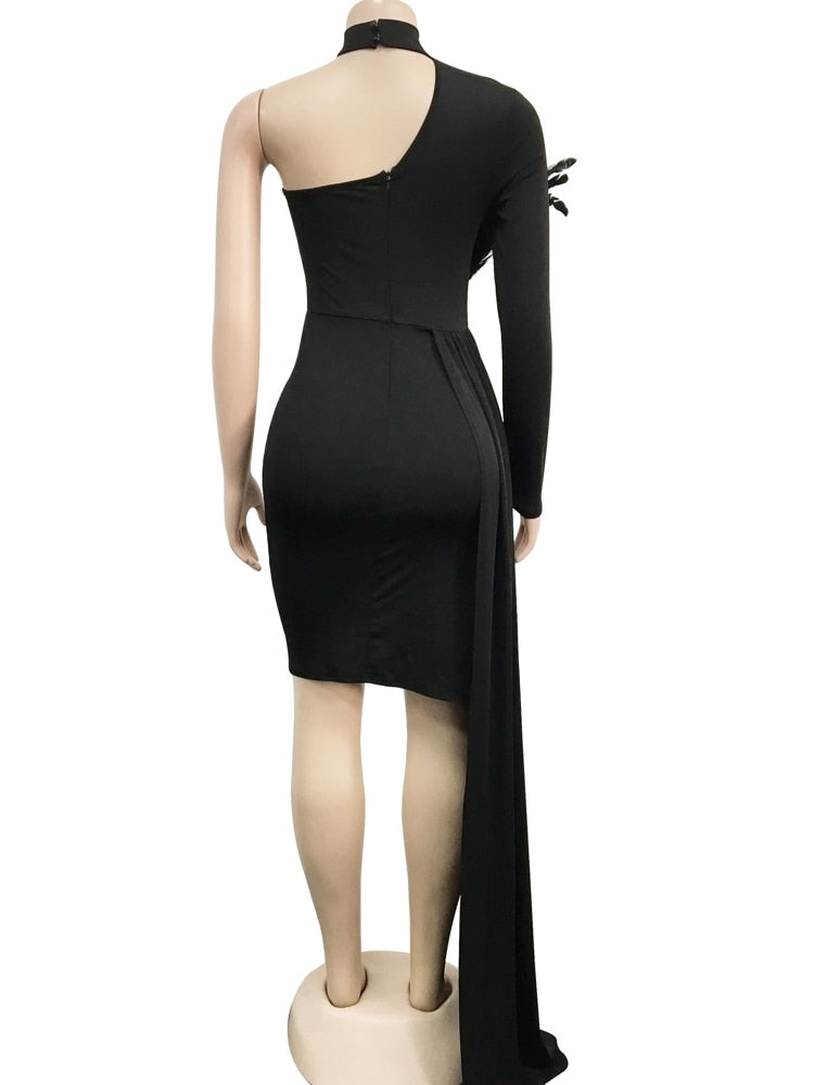 Beyprern Beautiful Single Shoulder Feather Patchwork Long Straps Mini Dress New Chic Solid Bodycon Party Dress Christmas Outfits