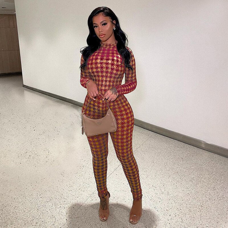 New Women's Houndstooth Velvet Long Sleeve Turtleneck Jumpsuit