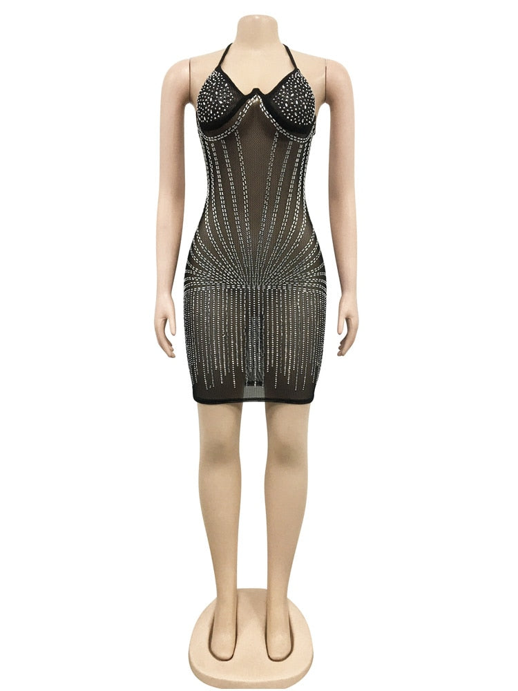 Beyprern Glam Hlater V Neck Shiny Crystal Dress Elegant See-Through Rhinestone Short Party Dress Birthday Outfits Sexy Clubwear