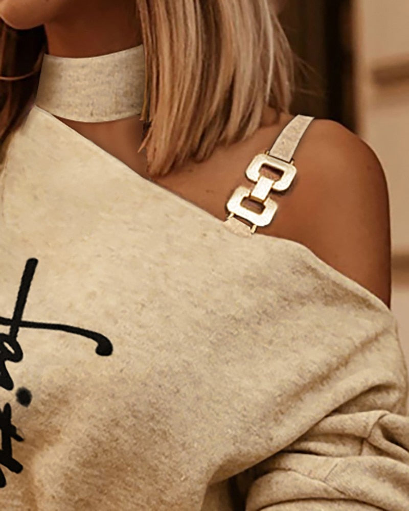 Women's New Fashion Long Sleeve Diagonal Shoulder Chain Decorative Off Shoulder Blouse