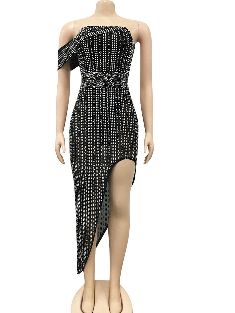 Beyprern Sparkle Off Shoulder Black Crystal Midi Dress Womens Glam Rhinestone Studded Asymmetrical Party Dress Birthday Outfits