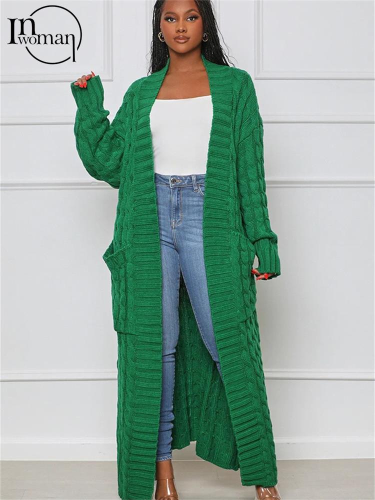 Inwoman Women's Sexy Solid Knit Loose Cardigan Casual Long Sleeve Open Stitch with Pockets Jacket Sweater