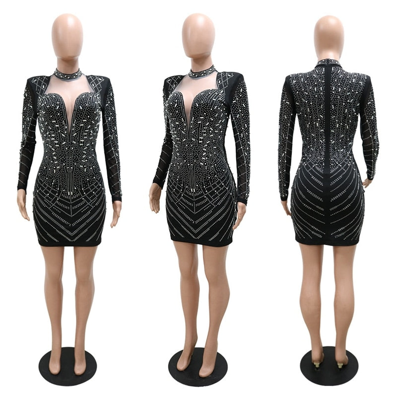 Sexy Sparkly Birthday Dress for Women Rhinestone Evening Elegant Christmas Dress Long Sleeve Tight Bodycon Party Mini Dress Club