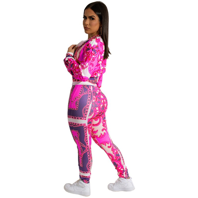 Adogirl Women's Chain Print Two Piece Set Long Sleeve Zipper Short Jacket Top Pencil Pants Suit