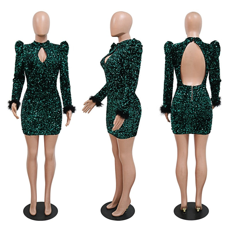 Sparkly Sequin Dress Women Party Night Club Wear Glitter Feathers Evening Bodycon Dress Elegant New Years Sexy Birthday Dress