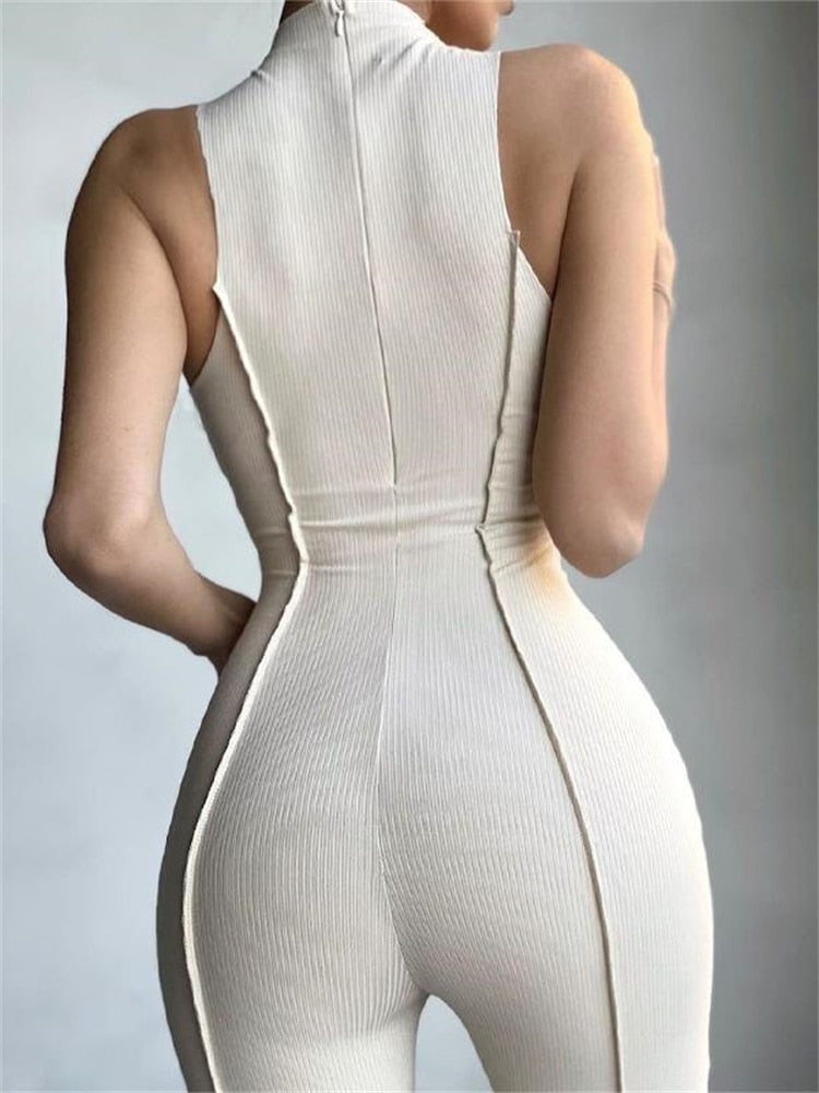 Women's Fall Bright Line Decoration Black One Piece Long Sleeve or Sleeveless Sexy Jumpsuit
