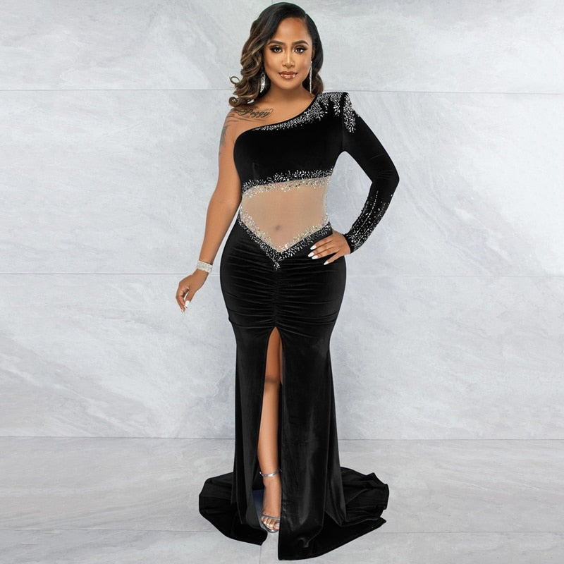 Winter Velvet Sexy Party Dresses Women Evening Elegant Night Out Christmas Dress Sheer Mesh Rhinestone Bodycon Maxi Dress Robe