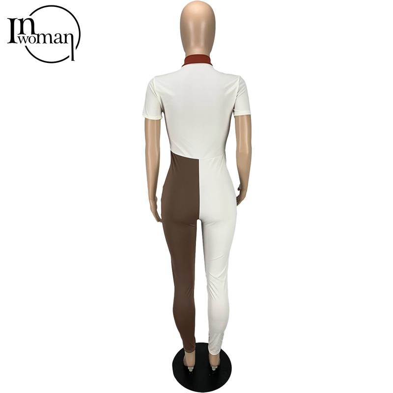 New Inwoman Women's Brown or Orange Patchwork One Piece Pencil Pants Short Sleeve Bodycon Jumpsuit