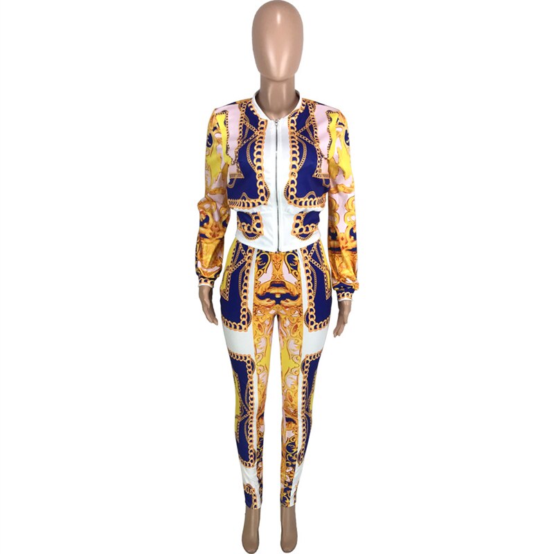 Adogirl Women's Chain Print Two Piece Set Long Sleeve Zipper Short Jacket Top Pencil Pants Suit