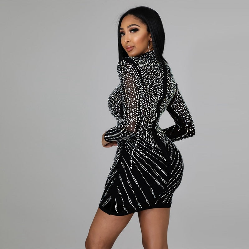 Sexy Sparkly Birthday Dress for Women Rhinestone Evening Elegant Christmas Dress Long Sleeve Tight Bodycon Party Mini Dress Club