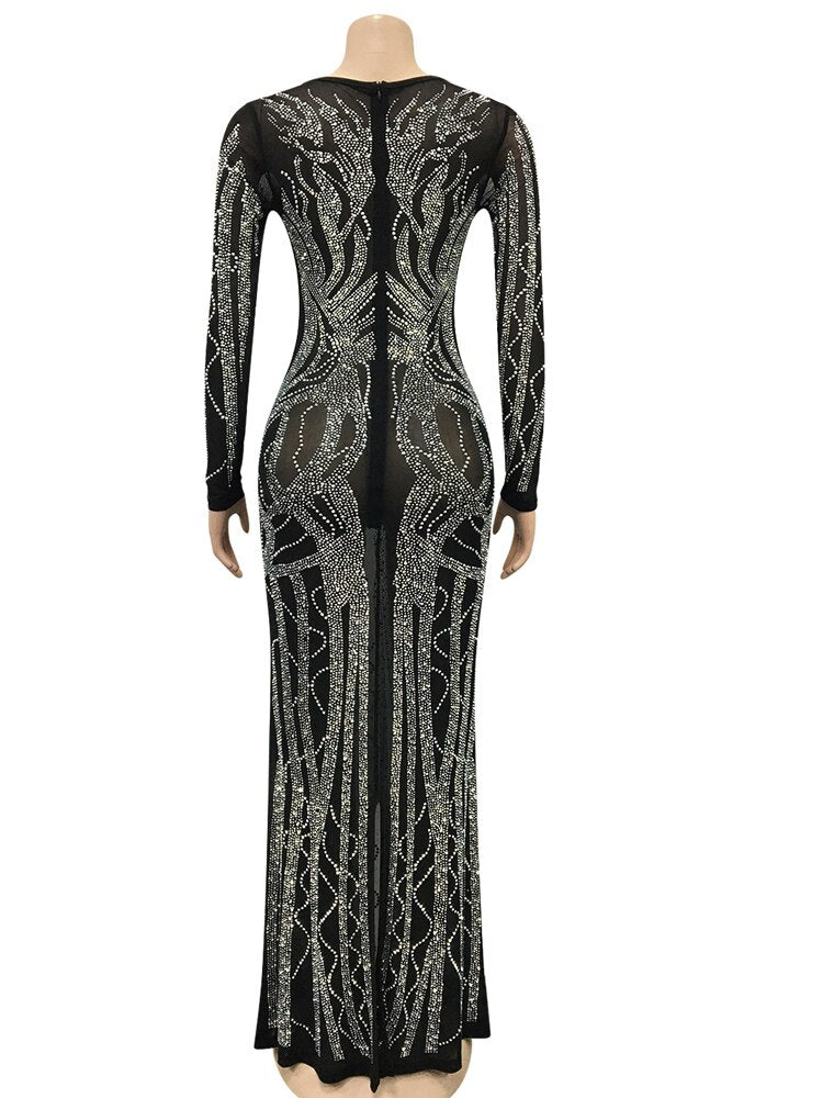 Beyprern Gorgeous Crystal Gown For Womens Beautiful Deep V Neck Mesh Patchwork Sequin Maxi Dress Special Occasion Outfits 2022