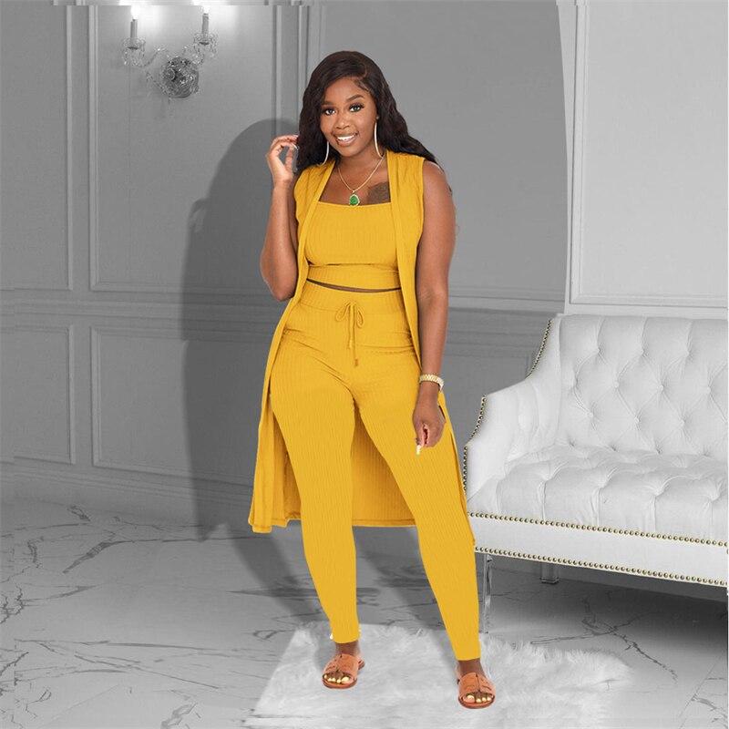 Knitted Rib Strapless Crop Top High Waist Skinny Pants Sleeveless Tank Cardigan 3 Piece Set