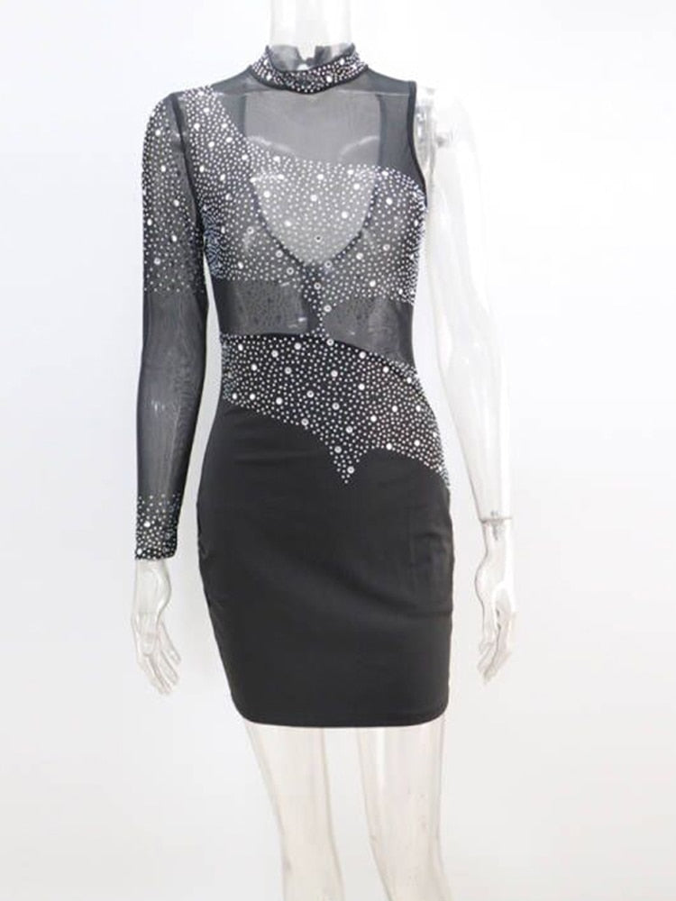 Beyprern New Chic Sheer Mesh Patchwork Crystal Sexy Dresses Party Night Club Dress Womens One Sleeve Sequins Birthday Outfits