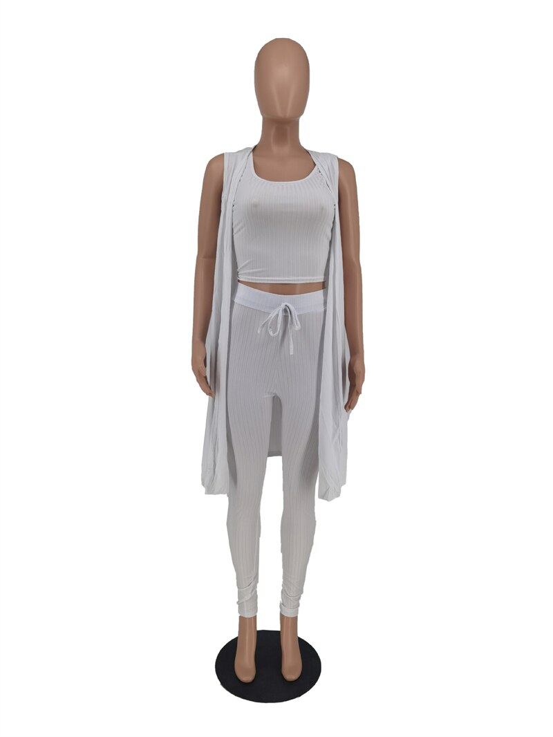 Knitted Rib Strapless Crop Top High Waist Skinny Pants Sleeveless Tank Cardigan 3 Piece Set