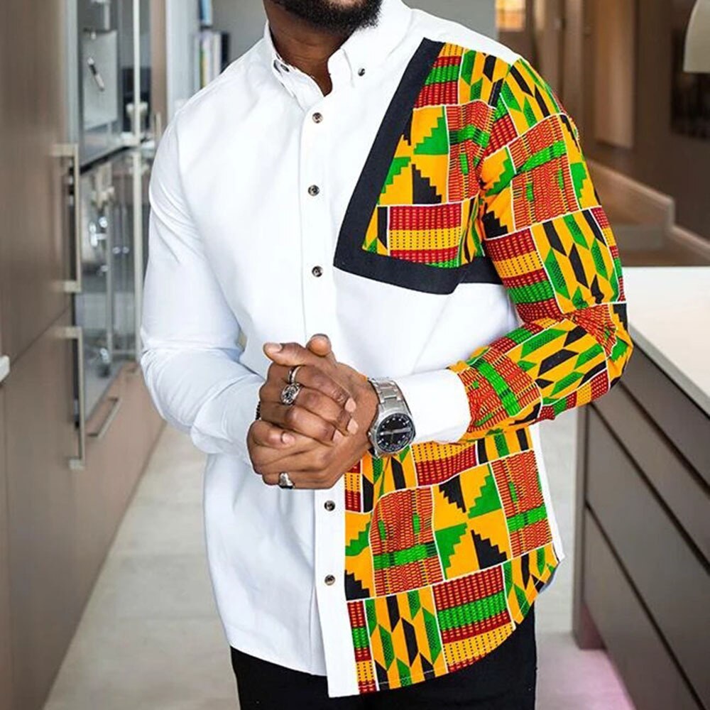 African Men's Dashiki Printed Long Sleeve Lapel Casual T-Shirt