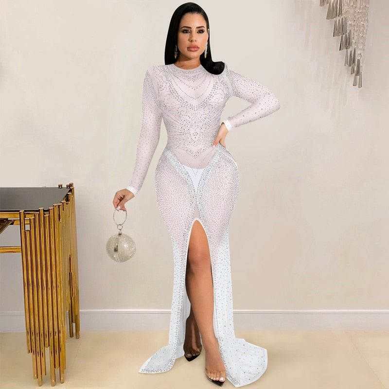 Sparkly Rhinestone Maxi Evening Dresses for Women 2022 Party Sexy Dress Women Elegant Sheer Mesh See Through Long Bodycon Dress