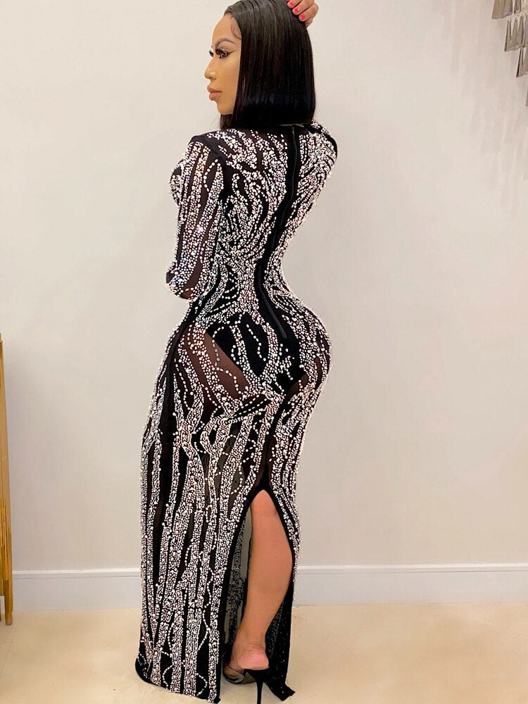 Beyprern Gorgeous Crystal Gown For Womens Beautiful Deep V Neck Mesh Patchwork Sequin Maxi Dress Special Occasion Outfits 2022
