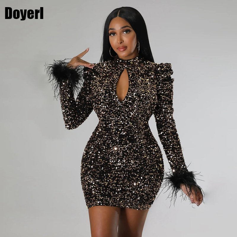 Sparkly Sequin Dress Women Party Night Club Wear Glitter Feathers Evening Bodycon Dress Elegant New Years Sexy Birthday Dress