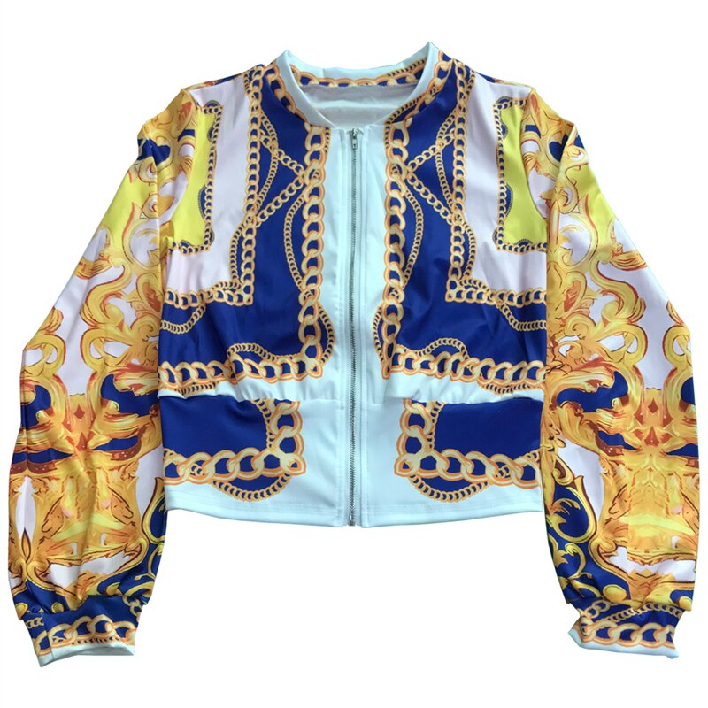 Adogirl Women's Chain Print Two Piece Set Long Sleeve Zipper Short Jacket Top Pencil Pants Suit