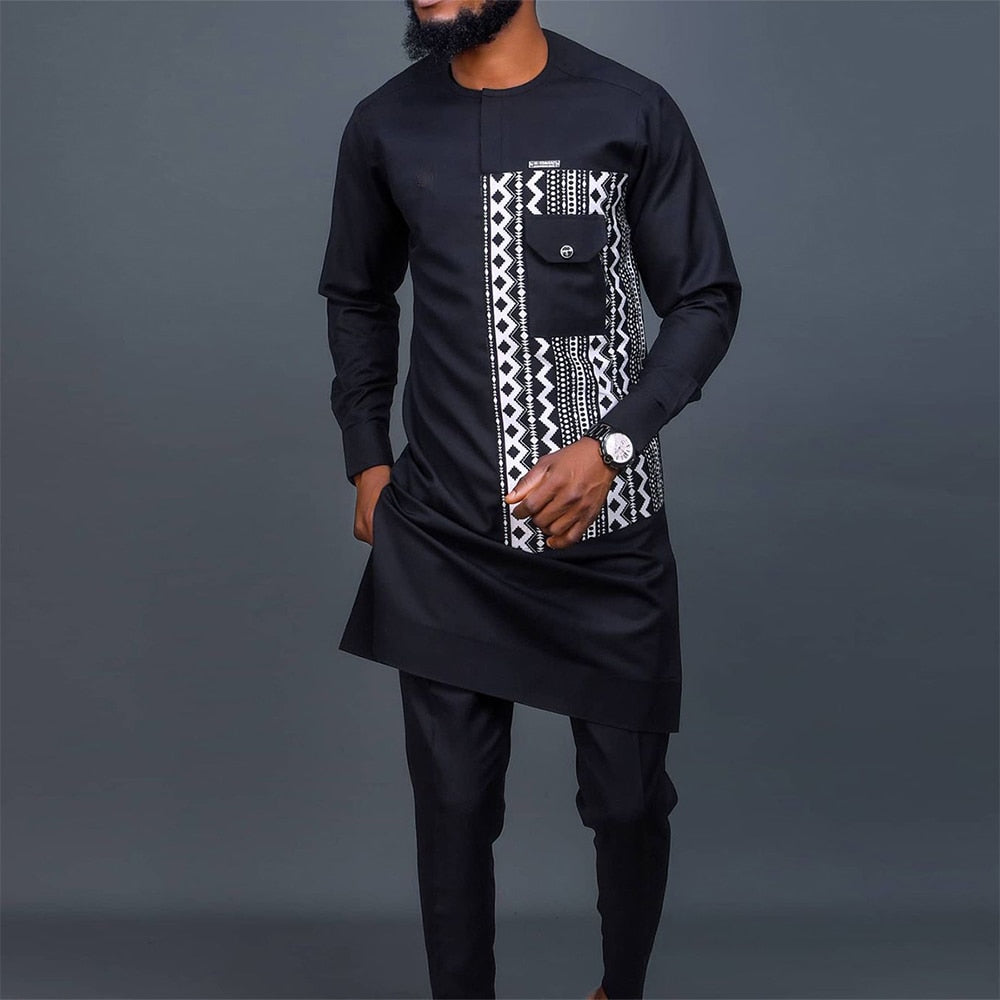 African Men's Dashiki Long Sleeve 2 Piece Set Traditional Africa Clothing Striped Men's Suit Male Shirt Pants Suits