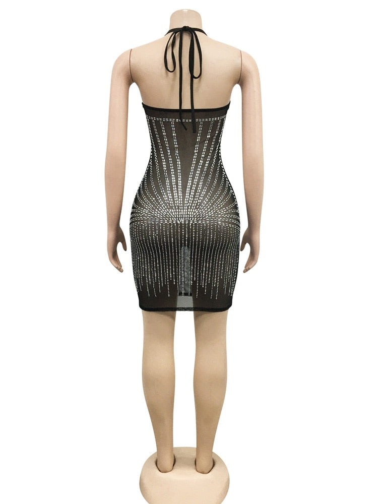 Beyprern Glam Hlater V Neck Shiny Crystal Dress Elegant See-Through Rhinestone Short Party Dress Birthday Outfits Sexy Clubwear