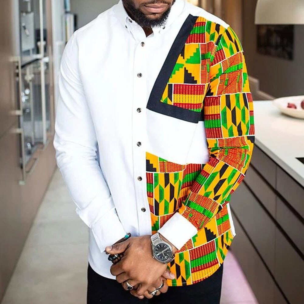 African Men's Dashiki Printed Long Sleeve Lapel Casual T-Shirt