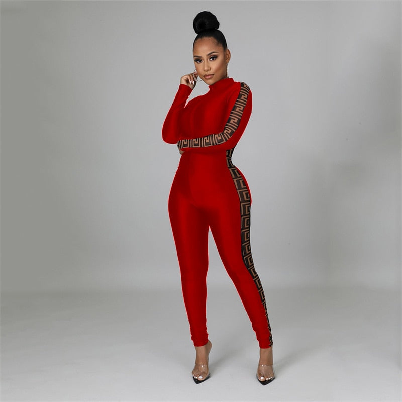 New Inwoman Women's Fall Mesh Patchwork Long Sleeve One Piece Black/Red Bodycon Jumpsuit