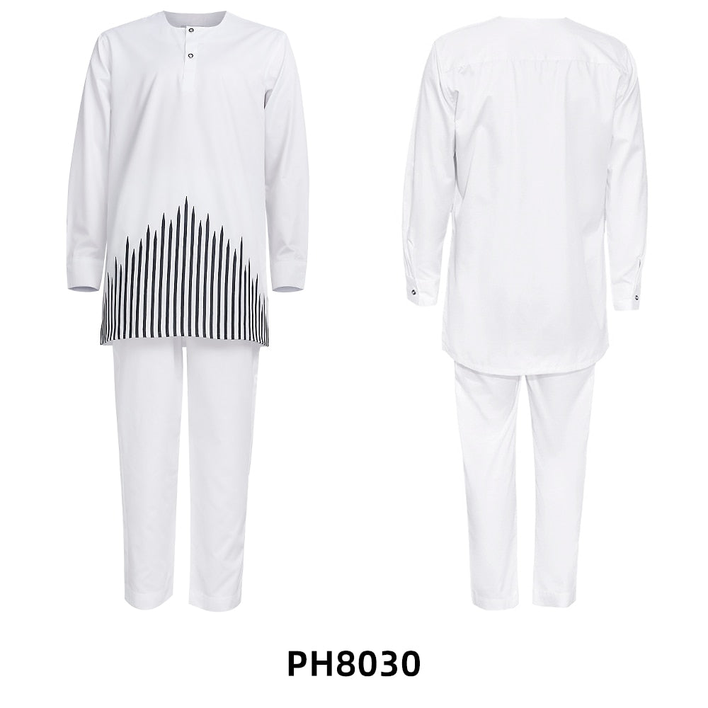 New H&D Men's African Dashiki Clothes For Men No Cap Embroidery Shirt & Trouser Set