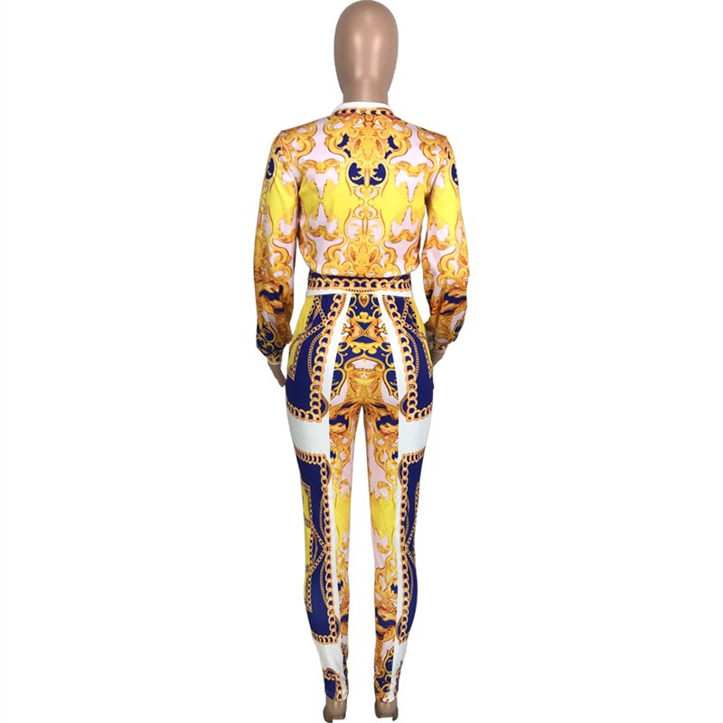 Adogirl Women's Chain Print Two Piece Set Long Sleeve Zipper Short Jacket Top Pencil Pants Suit