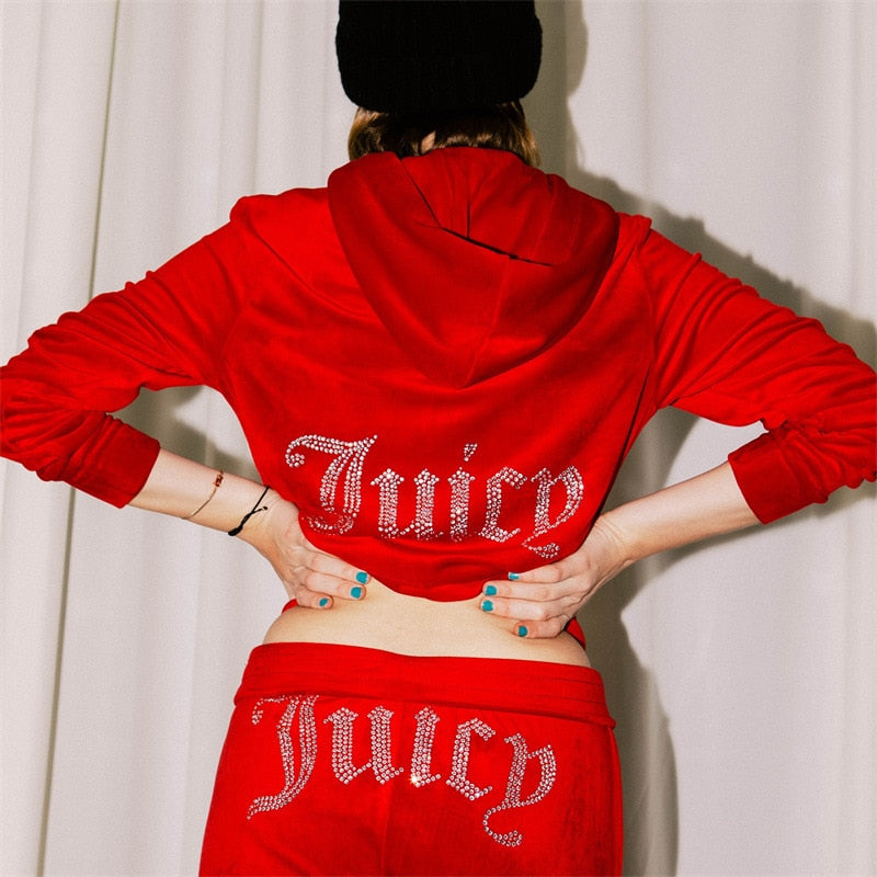 Velour Juicy Sewing Suit Hoodies Velvet Zipper Sweatshirt And Pants Set Sportswear 2022 Women's Spring/Fall Tracksuit Crop Top