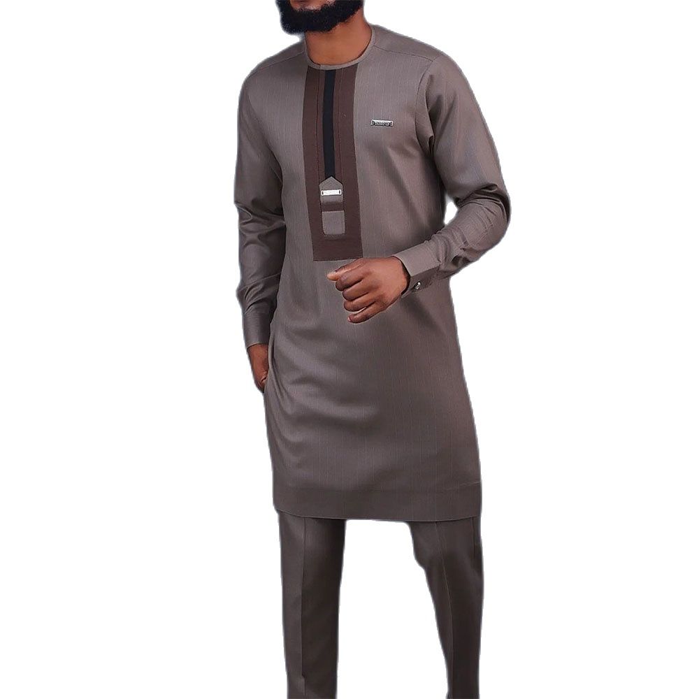 Men's Dashiki Long Sleeve 2 Piece Set Brown Texture Suit Male Shirt Pants Suit