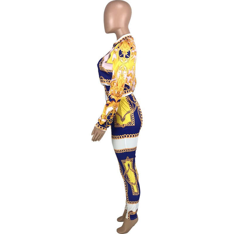 Adogirl Women's Chain Print Two Piece Set Long Sleeve Zipper Short Jacket Top Pencil Pants Suit