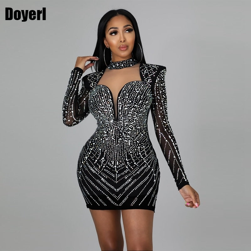 Sexy Sparkly Birthday Dress for Women Rhinestone Evening Elegant Christmas Dress Long Sleeve Tight Bodycon Party Mini Dress Club