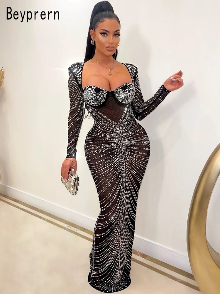Beyprern Gorgeous Open Back Sequin Maxi Dress Woman Crystal Party Dress Night Out Robes Christmas Outfits Sexy Clubwear