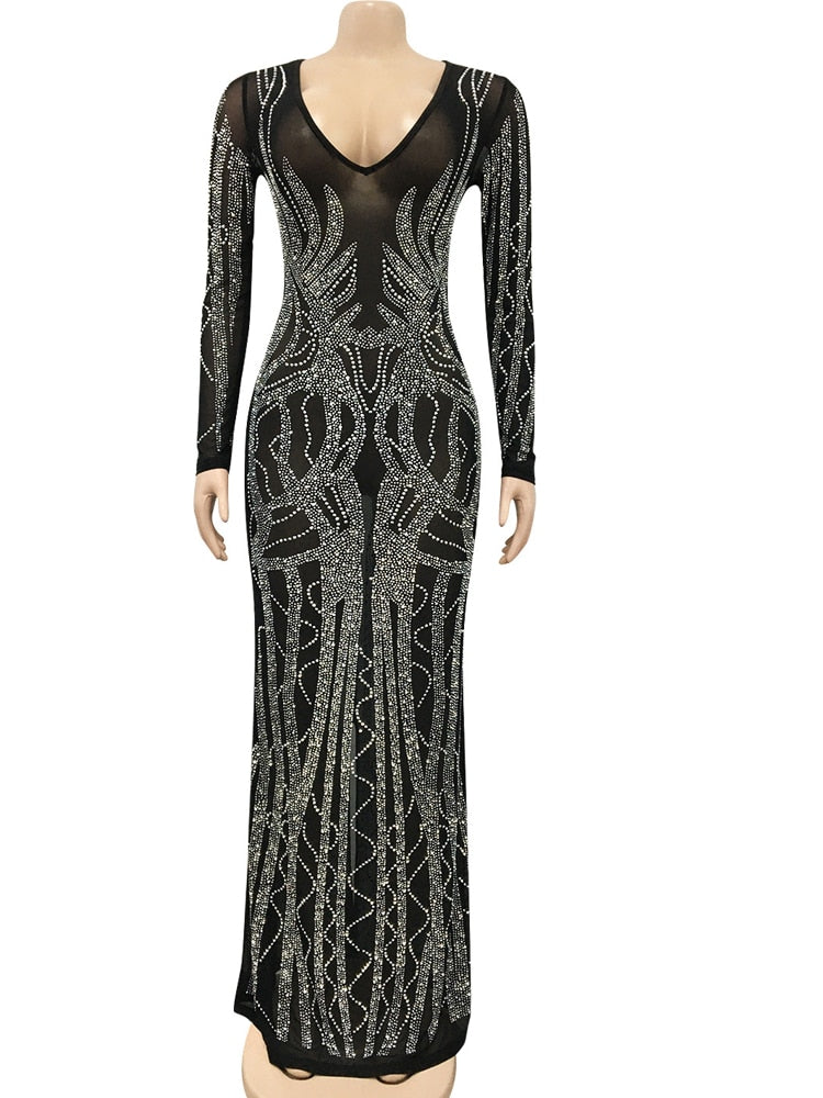 Beyprern Gorgeous Crystal Gown For Womens Beautiful Deep V Neck Mesh Patchwork Sequin Maxi Dress Special Occasion Outfits 2022