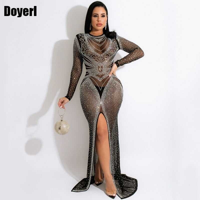 Sparkly Rhinestone Maxi Evening Dresses for Women 2022 Party Sexy Dress Women Elegant Sheer Mesh See Through Long Bodycon Dress