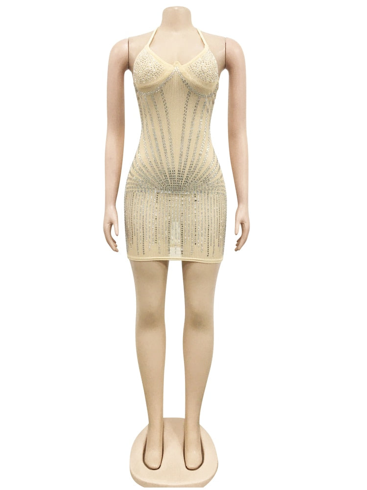 Beyprern Glam Hlater V Neck Shiny Crystal Dress Elegant See-Through Rhinestone Short Party Dress Birthday Outfits Sexy Clubwear