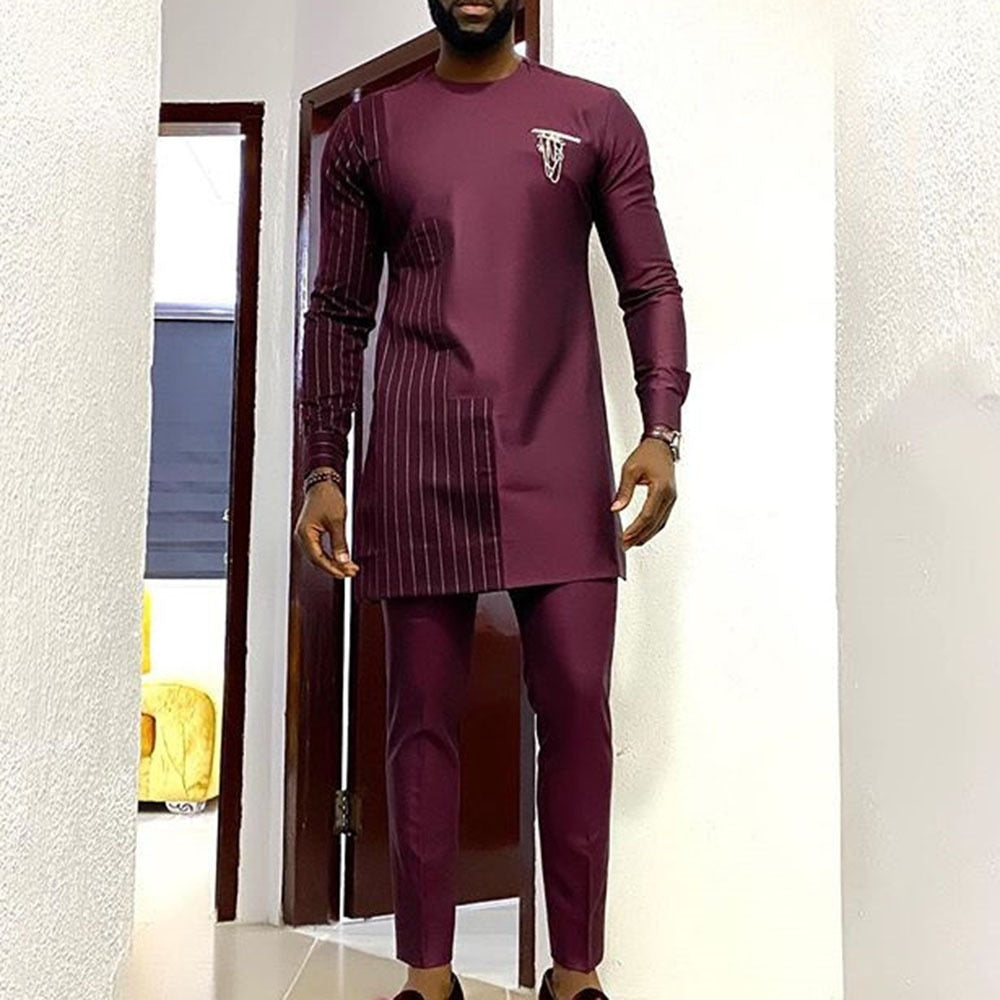 Dashiki T-shirt Men's Summer and Autumn Round Neck Striped Print Long-sleeved African Ethnic Style Men's Suit M-4XL